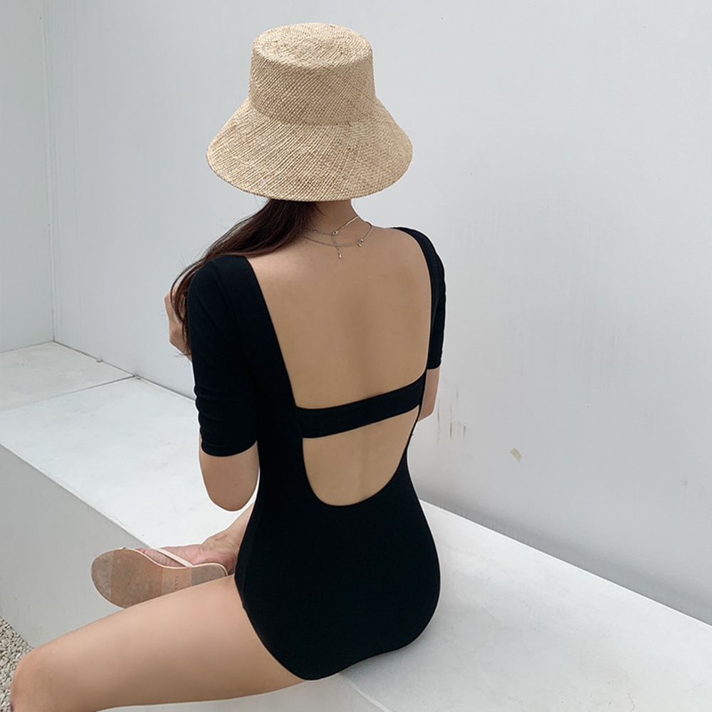 Áo bơi kín liền thân cộc tay cổ vuông DB10, mẫu bikini kín đáo khoét lưng quyến rũ che khuyết điểm | BigBuy360 - bigbuy360.vn