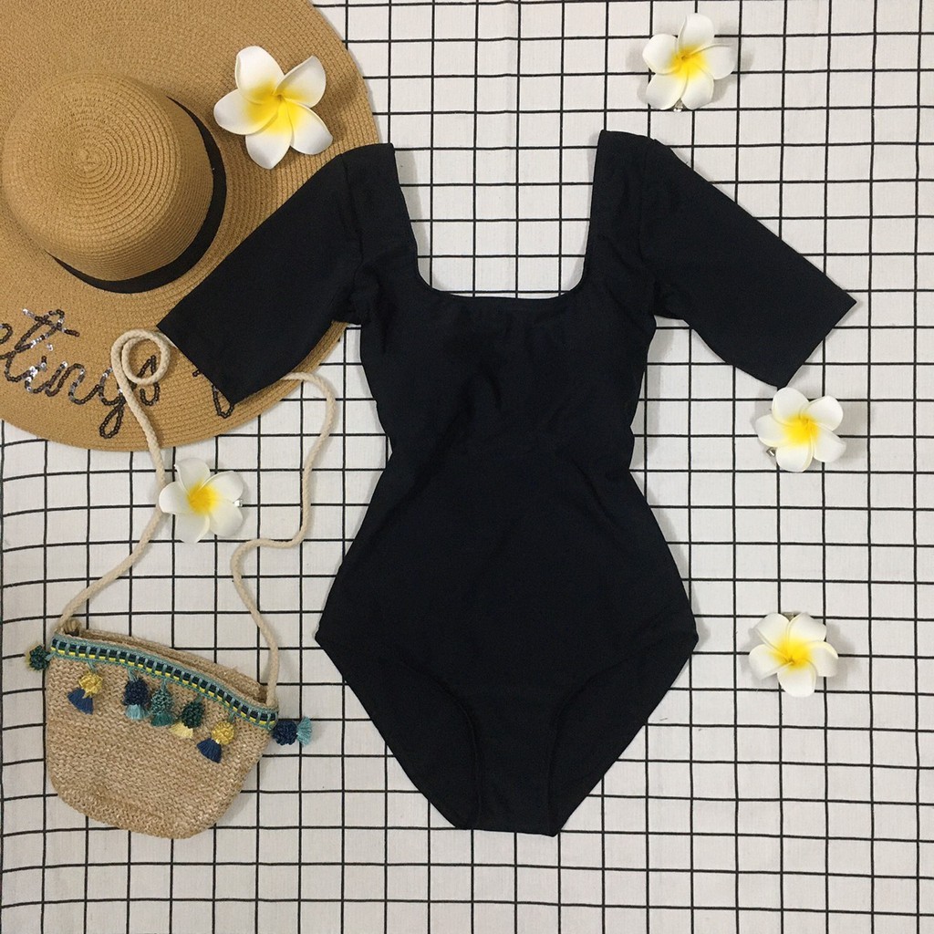 Áo bơi kín liền thân cộc tay cổ vuông DB10, mẫu bikini kín đáo khoét lưng quyến rũ che khuyết điểm | BigBuy360 - bigbuy360.vn