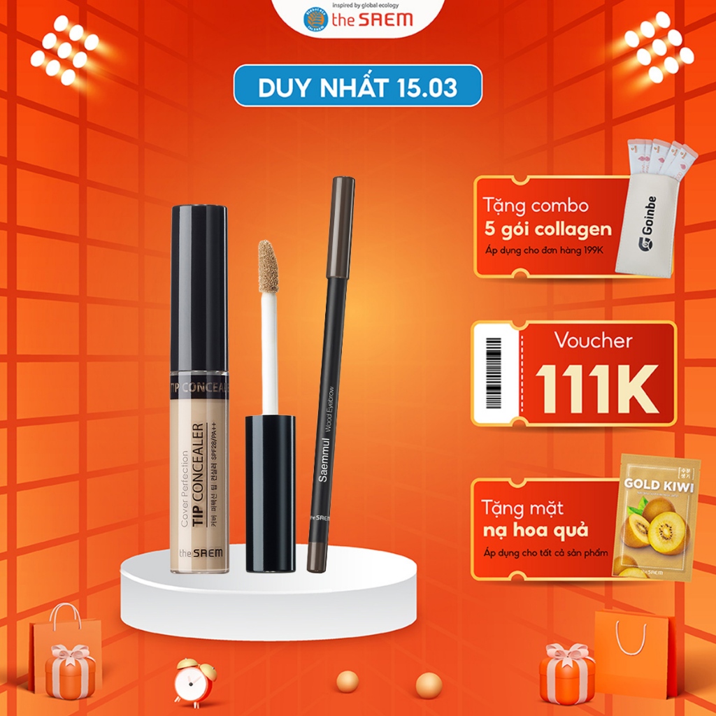 Kem che khuyết điểm kiềm dầu the SAEM   + Bút Chì Kẻ Mày Saemmul Wood Eye Brow