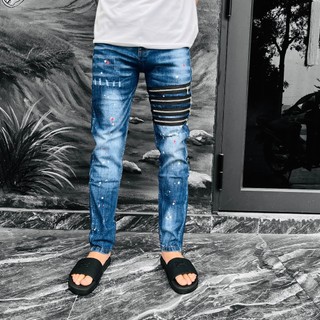 Quần jean bò nam xanh vảy sơn thêu bốn khóa ngang đùi chất liệu co giãn, quàn bò mix khóa bản cao cấp thời trang nam
