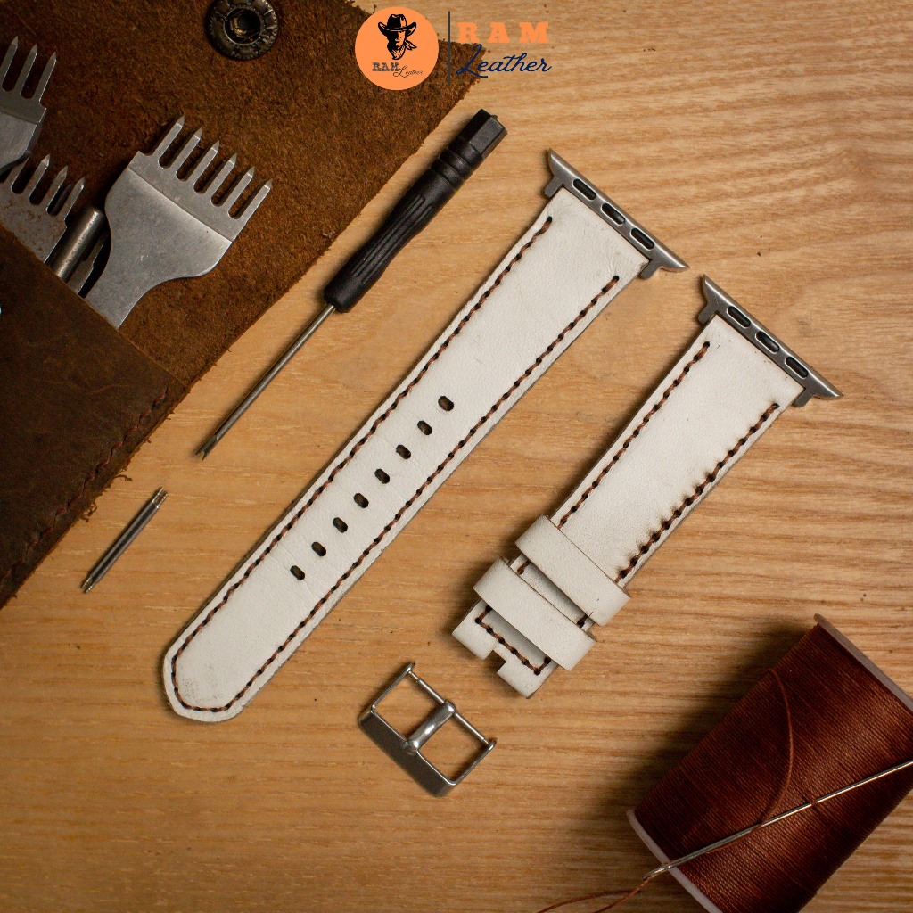 Dây Đồng Hồ Thủ Công Da Thật RAM Leather 1996 Da Dê Trắng Bền Đẹp 18mm, 20mm, 22mm, Casio 1200, iwatch AW