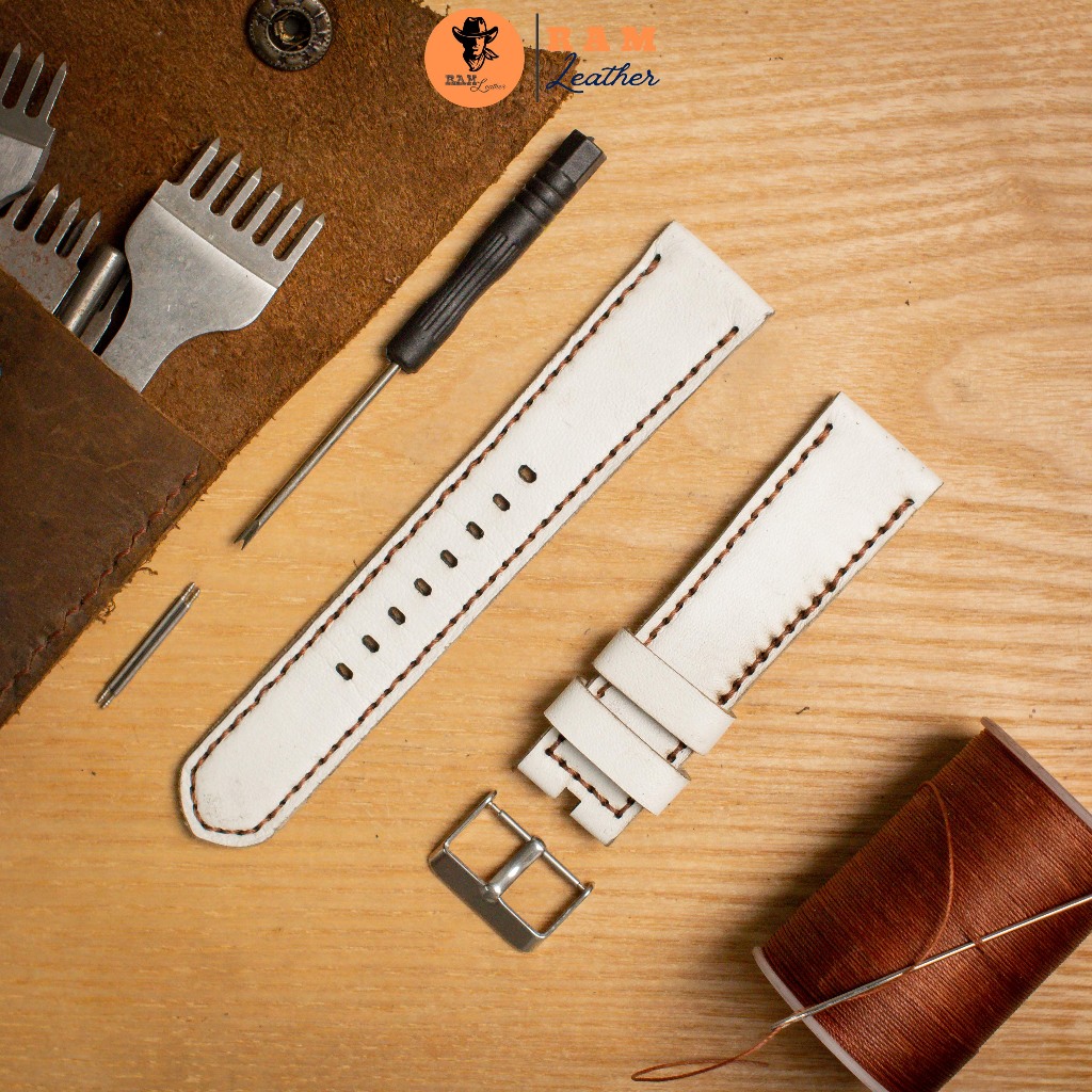 Dây Đồng Hồ Thủ Công Da Thật RAM Leather 1996 Da Dê Trắng Bền Đẹp 18mm, 20mm, 22mm, Casio 1200, iwatch AW