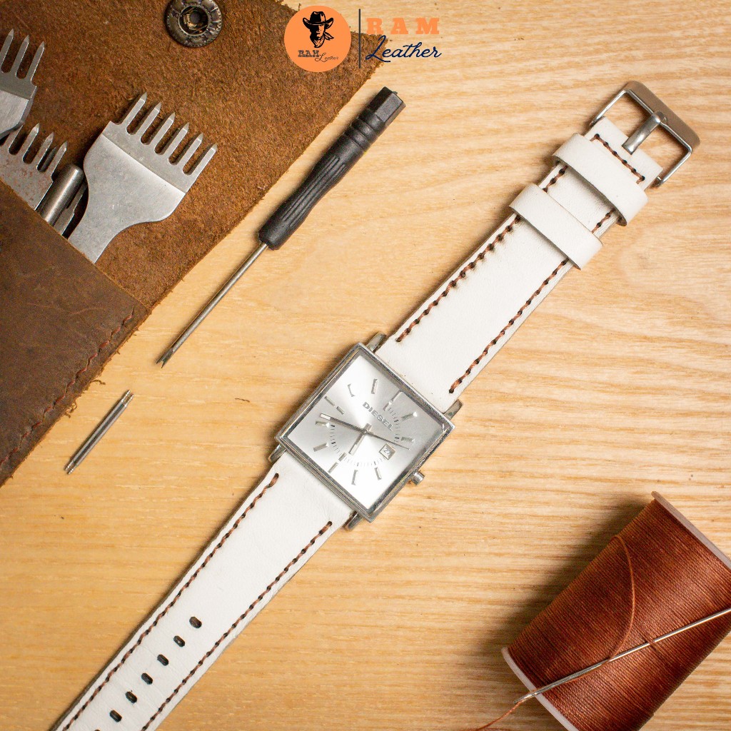 Dây Đồng Hồ Thủ Công Da Thật RAM Leather 1996 Da Dê Trắng Bền Đẹp 18mm, 20mm, 22mm, Casio 1200, iwatch AW