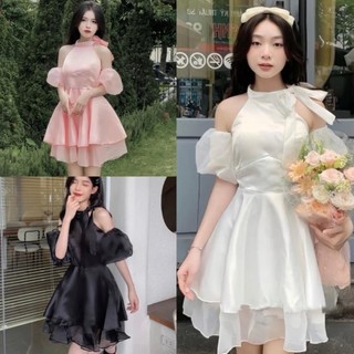 Váy công chúa cổ yếm NƠ khoét vai tay bồng chất voan tơ lụa 2 lớp hồng trắng đen, Đầm nữ xoè dễ thương đi chơi đi biển