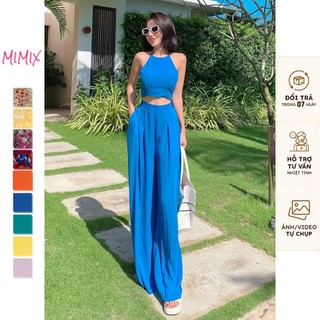Set Bộ Nữ Áo Yếm Croptop Và Quần Dáng Dài 102cm Ống Suông Xếp Ly MIMIX EC5205