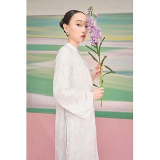 Set áo dài Bạch Sư chất liệu Organza & lụa tổng hợp dáng suông tay dài hoạ tiết thêu
