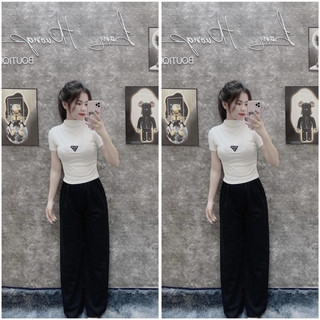   Set bộ áo thun croptop pra mix quần xuông trơn đen