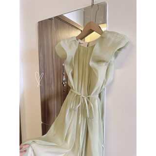 Đầm thiết kế voan xanh hoạ tiết tay tiên cột eo dáng midi tiểu thư thanh lịch