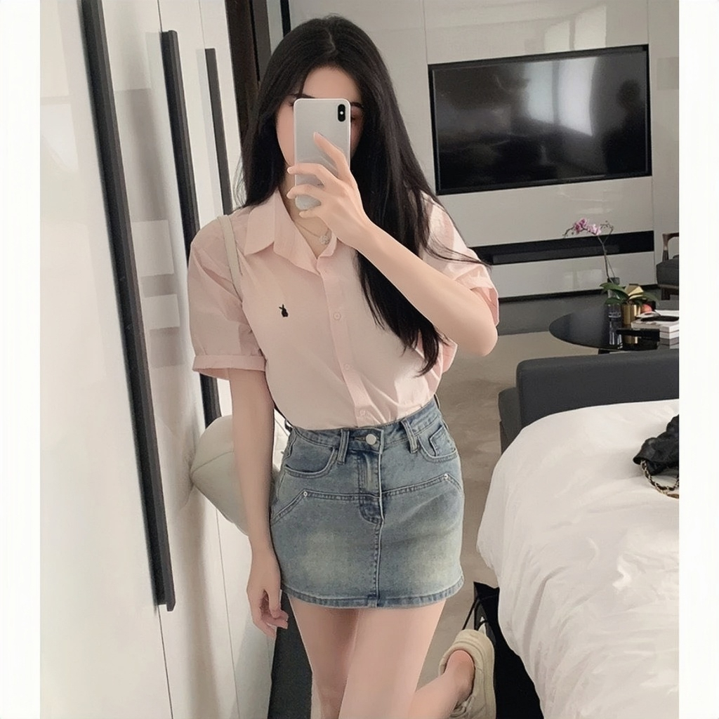 Áo Sơ Mi Nữ Thêu Thỏ Tay Ngắn, Áo Sơ Mi Cộc Tay Chất Thô Nến Dày Dặn Phong Cách Hàn Quốc | BigBuy360 - bigbuy360.vn