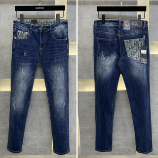 Quần bò Dior xanh trơn mài đùi in họa tiết túi và ngang eo chất denim hàng Quảng Châu,quần jeans nam xanh trơn Dior 3273