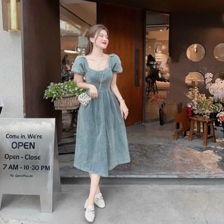 [4,4 Sales Freeship] Đầm jean tay phồng dáng dài bầu ngực sang chảnh, đầm demin màu xanh cổ vuông xòe đi tiệc mtb