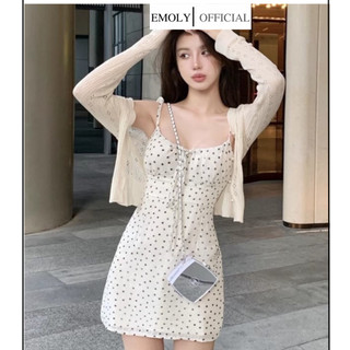  Đầm ngắn, Váy 2 dây rút ngực họa tiết chấm bi kèm áo khoác cardigan tay dài dịu dàng
