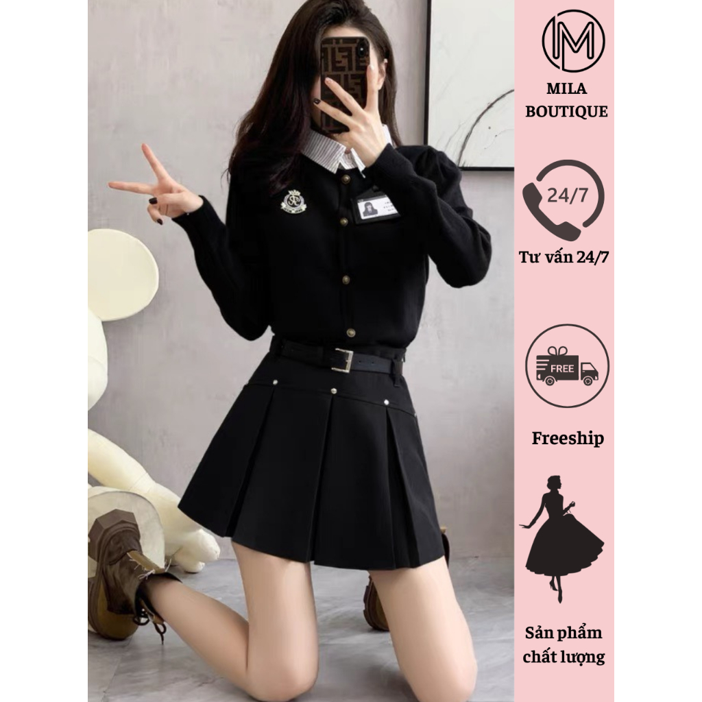 Chân Váy Xòe Dạ Trơn Ngắn Phong Cách Vintage Kèm Đai