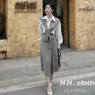 Set chân váy dài mix áo sơ mi kèm khăn hàng QC - Anna.Store