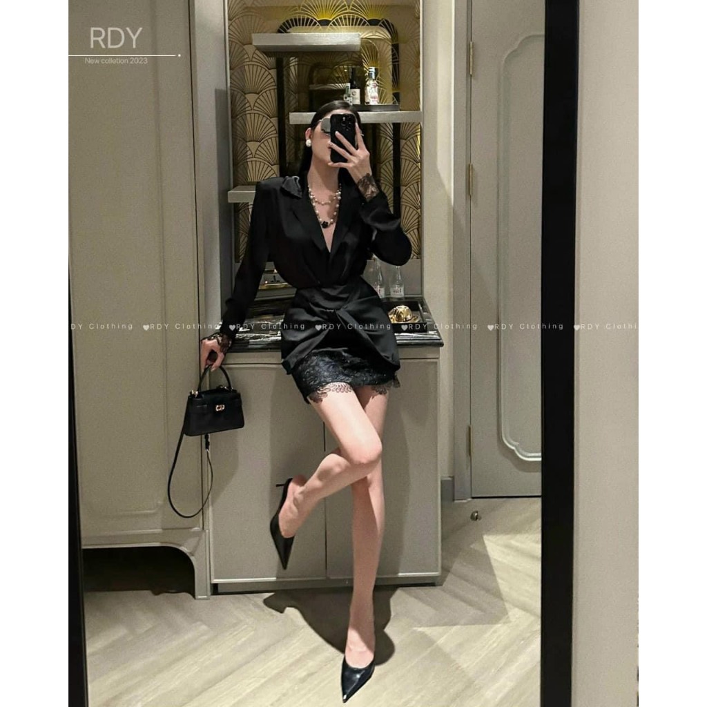Set lụa kiểu phối ren áo sơ mi + chân váy A hàng QC - Dungpham Boutique