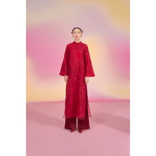 Set áo dài Châu Sư chất liệu Organza & lụa tổng hợp dáng suông tay dài hoạ tiết thêu
