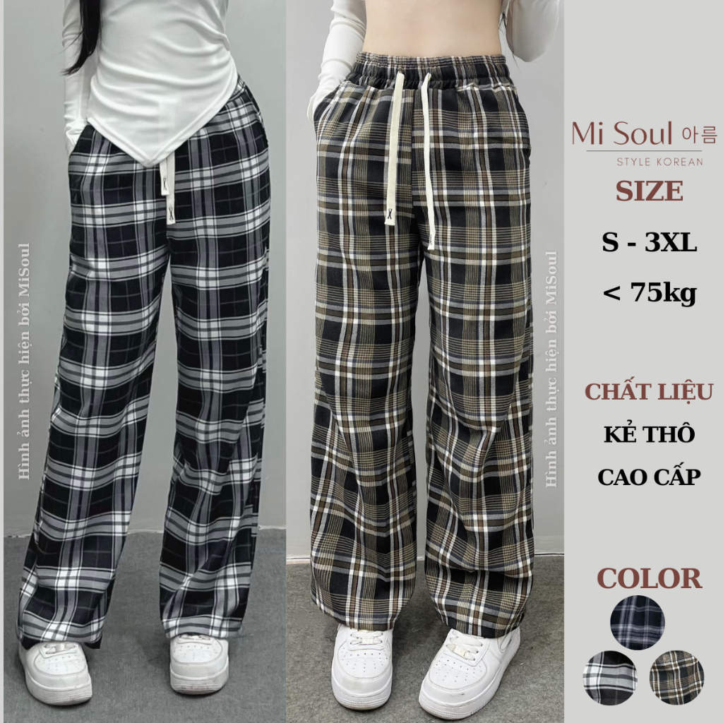 Quần Kẻ Nữ BigSize Ống Rộng Cạp Chun Caro MiSoul, Quần Dáng Rộng Ống Suông 253