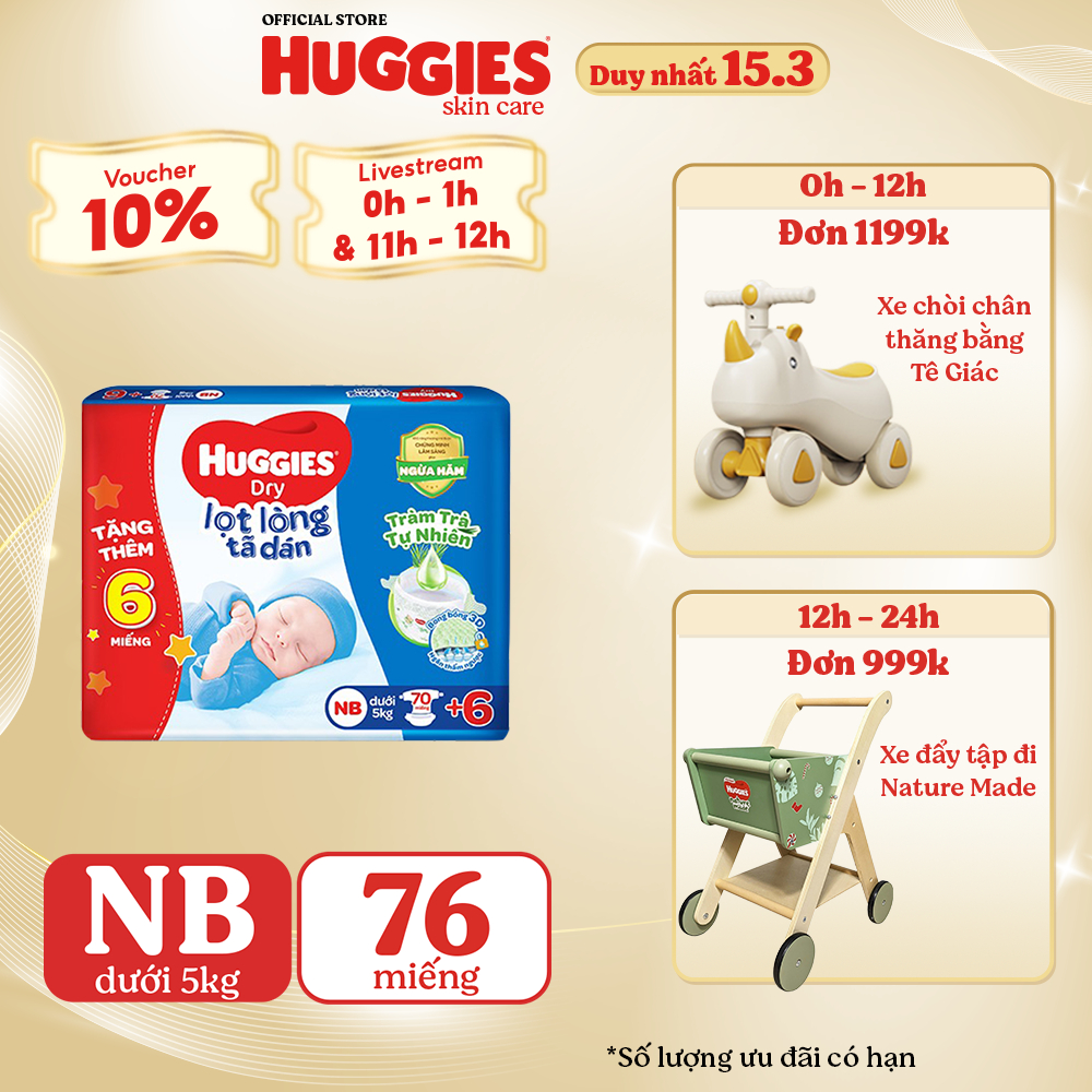 Tã dán lọt lòng Huggies Dry NB 70 miếng + tặng 6 miếng:Chính Hãng