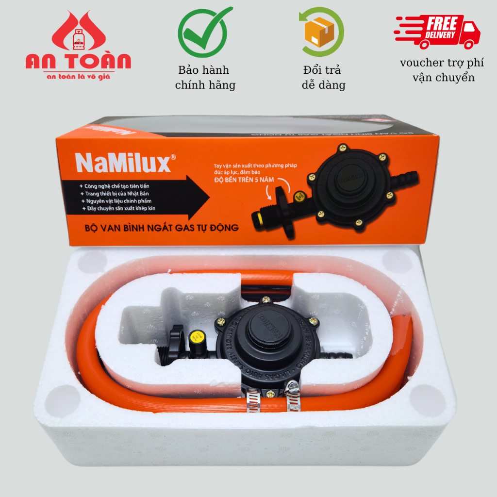 Bộ van gas điều áp tự động an toàn NAMILUX NA-345S-VN + [1.5m] dây dẫn gas + [2 đai siết inox]  Dùng Bình Gas Xám, Hồng