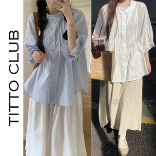 Áo babydoll nữ cổ trụ tay lỡ xếp ly, áo sơ mi kiểu - titto club