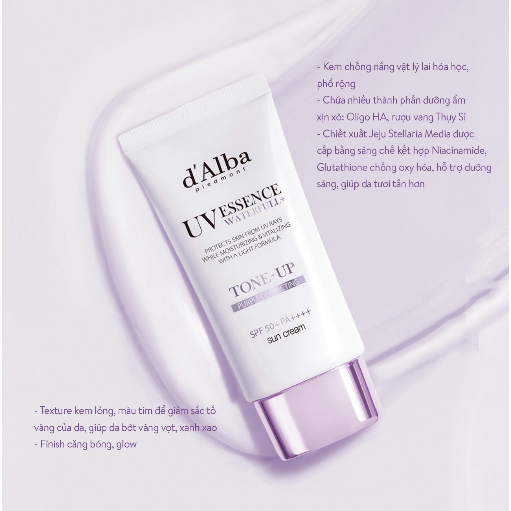 Kem Chống Nắng Dưỡng Ẩm, Ngừa Lão Hoá, Làm Sáng Da d’Alba Waterfull+ UV Essence Tone-Up, Purple Correcting Sun Cream