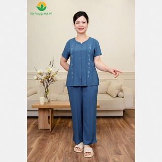  Bộ lanh mở cúc trung niên Việt Thắng, quần dài, áo cộc tay, cổ tàu thêu - B28.2401