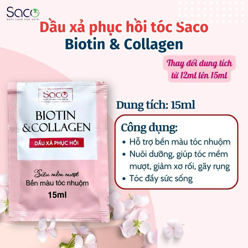 Set 10 gói Dầu xả Biotin&collagen chính hãng SACO 15 ml - giúp phục hồi tóc hư tổn, siêu mềm mại bóng mượt