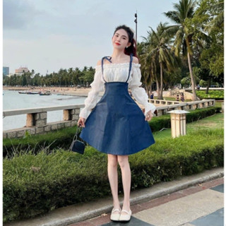 Set Áo Bẹt Vai Nhún Bèo Tay Bồng Xinh Xắn Phối Yếm Jean Hai Dây Mini Dáng Ngắn Siêu Dễ Thương Style Hàn Quốc Cá Tính