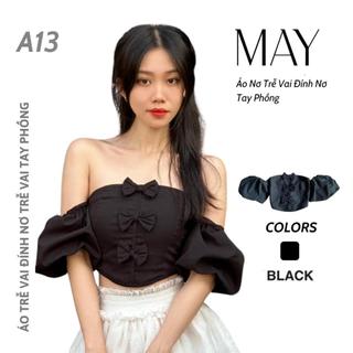 A13 -  Áo Nơ Trễ Vai Tay Phồng Phong Cách Tiểu Thư Áo Kiểu Nữ Đen