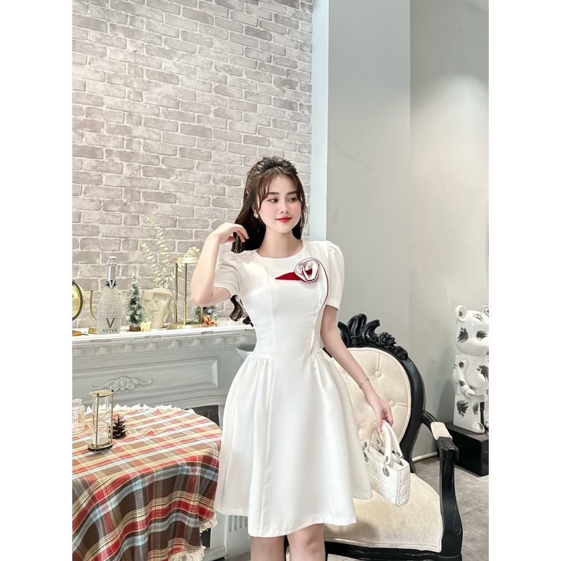 Váy thiết kế cổ tròn , tay bồng , xoè nhẹ , cài nơ ngực mã a77 (chất vải chuẩn Hàn) | BigBuy360 - bigbuy360.vn