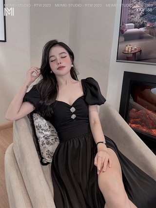 Váy thun tay bồng khuy đá, Đầm maxi dài vải thun tăm co giãn, phong cách tiểu thư Hàn Quốc, mặc đi chơi đi tiệc | XKV188