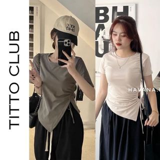 Áo Thun Nữ Ngắn Tay Tà Chéo Dây Rút Eo, Đệm Vai - Titto Club