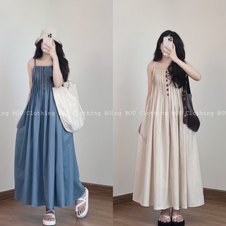 Đầm 2 dây linen xếp ly ngực cúc gỗ BOÚ Clothing