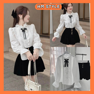  Áo sơ mi kiểu nữ dài tay áo sơ mi trắng phối bèo tay chun kèm nơ xinh xắn HA292 