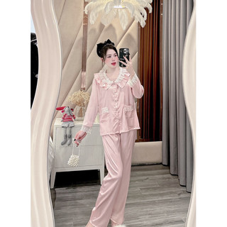 Bộ đồ nữ mặc nhà bộ tiểu thư cổ bèo tay bèo chất lụa xước phối ren freesize 40-60kg - CHUN'S SLEEPWEAR