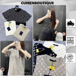  Áo Thun Nam L V Màu Be In Logo Monogram Mix Kim Tuyến Xịn Xò - Áo Thun Nam L V In Họa Tiết Ánh Kim Cực Nổi