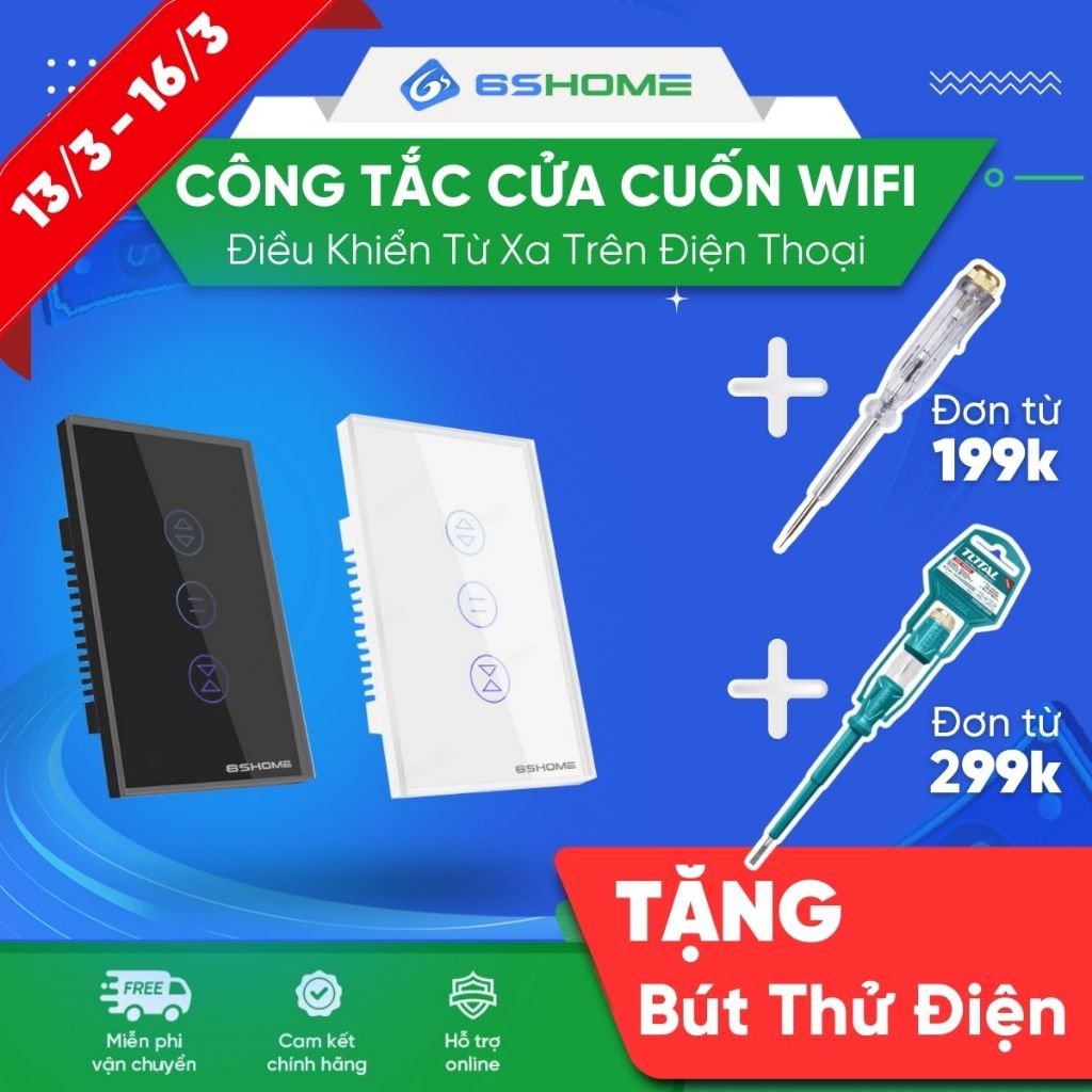 Công Tắc Cửa Cuốn Wifi Thông Minh 6SHOME, Điều Khiển Từ Xa Qua Điện Thoại qua WIFI/4G, Dùng Chung Remote Cửa Cuốn