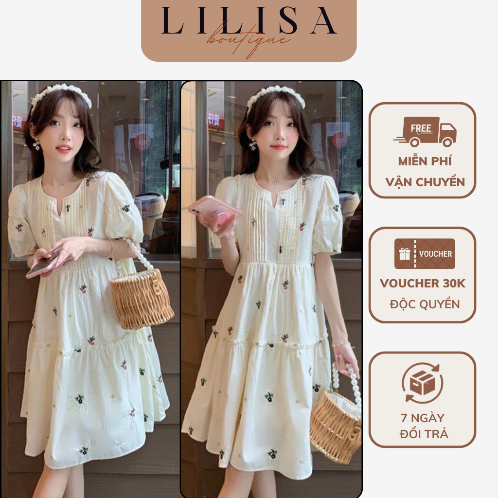 Váy bầu đẹp LILISA, đầm bầu dáng babydoll hoa nhí tay bồng