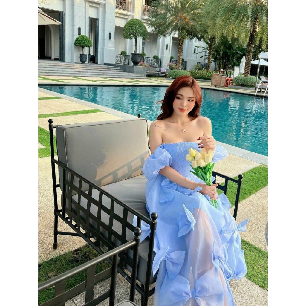 Đầm maxi nhiều nơ tay phồng(có mút ngực)