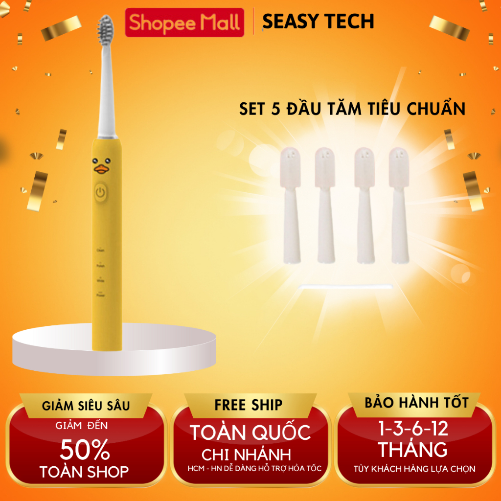 Bàn chải đánh răng điện trẻ em Seasy SS22 3 chế độ làm sạch răng, lông chải mềm kháng khuẩn