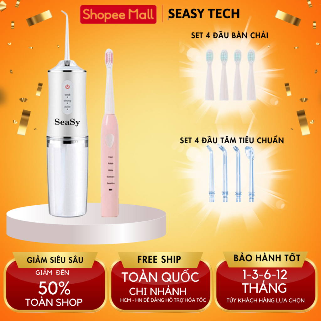 Combo Máy tăm nước cầm tay SeaSy SS66 + Bàn chải đánh răng điện SeaSy X8 Pro vệ sinh răng miệng