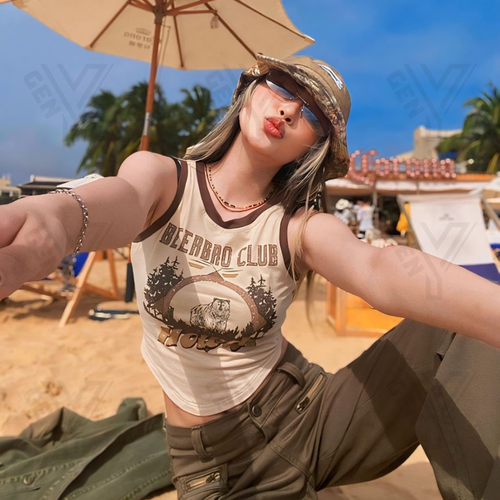 Áo ba lỗ nữ đi biển GenY màu nude phối viền nâu in hình BEERBRO CLUB cá tính, thiết kế vạt bầu ôm body tôn dáng 3L8 | BigBuy360 - bigbuy360.vn