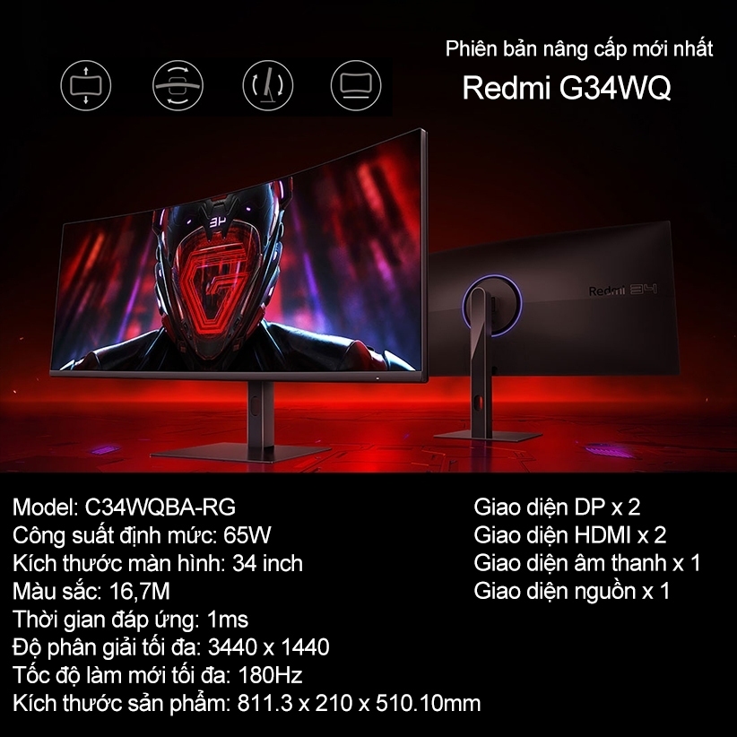 Màn hình máy tính cong Xiaomi Redmi 34inch có led RGB chính hãng mới 100% chuyên game, văn phòng (2K+, 180HZ,1ms, 1500R) | BigBuy360 - bigbuy360.vn