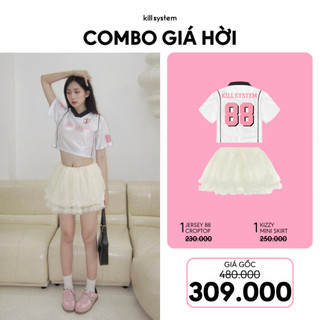 Set 2 Món 1 Áo Croptop Jersey 88 Trắng + 1 Chân váy bồng xòe màu trắng kem Kizzy Kill System