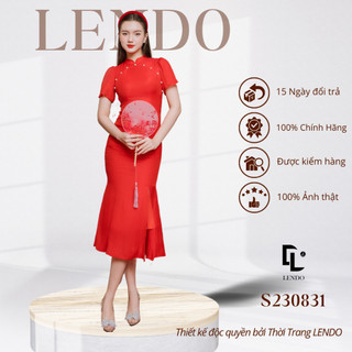 Sườn Xám Cách Tân LENDO Tay Ngắn Cổ Tàu Chất Tơ Họa Tiết Hoa Sơn Trà S230831