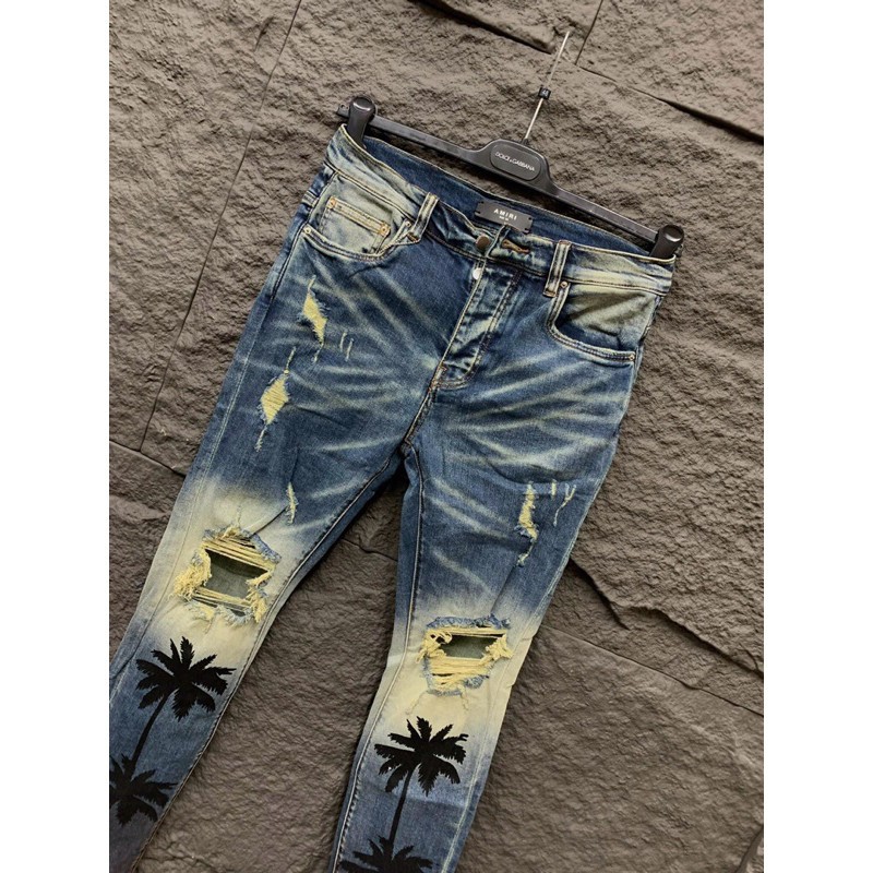 👑 [ FortunD Luxury ] Quần Jeans Amiri Xanh Phối Rách Gối Kèm Hoạ Tiết Cây Dừa Ống Quần - Quần Bò Nam Cao Cấp L1