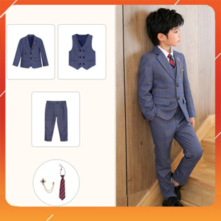 Bộ vest bé trai cao cấp vải dạ mịn TQB164 gồm 3 chi tiết (áo ghile + áo vest + quần tây) tặng nơ hoặc cavat y mẫu