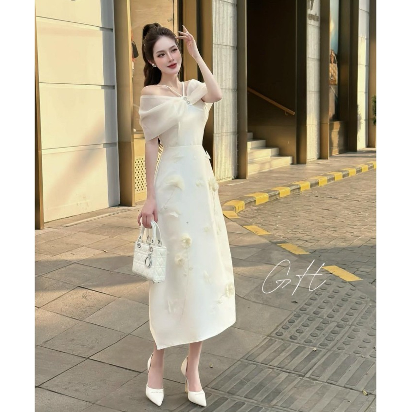 Đầm tiệc cưới sang trọng,váy thiết kế cao cấp hở vai đính đá a1