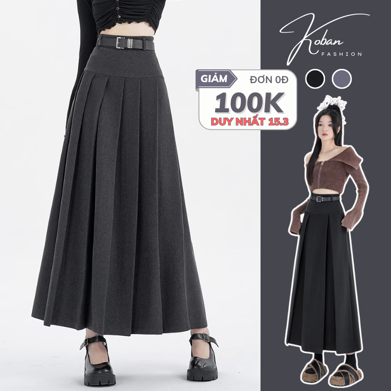 Chân váy dài midi ulzzang xếp ly KOBAN mặc được 2 mặt đi làm đi chơi Douyin cạp cao màu đen ghi