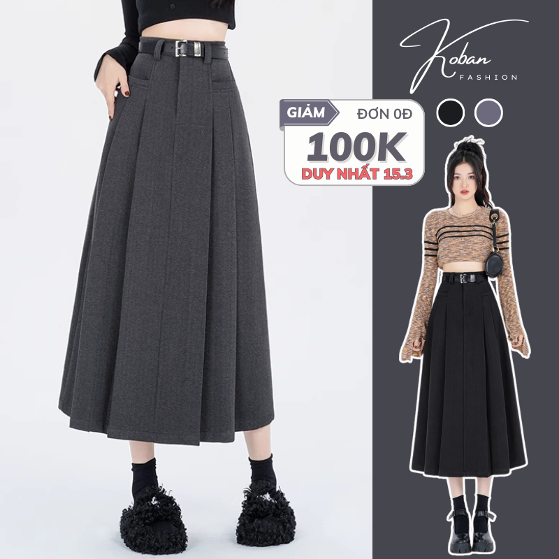Chân váy dáng dài xếp ly KOBAN ulzzang midi xẻ trước đi làm đi chơi Douyin cạp cao màu đen ghi